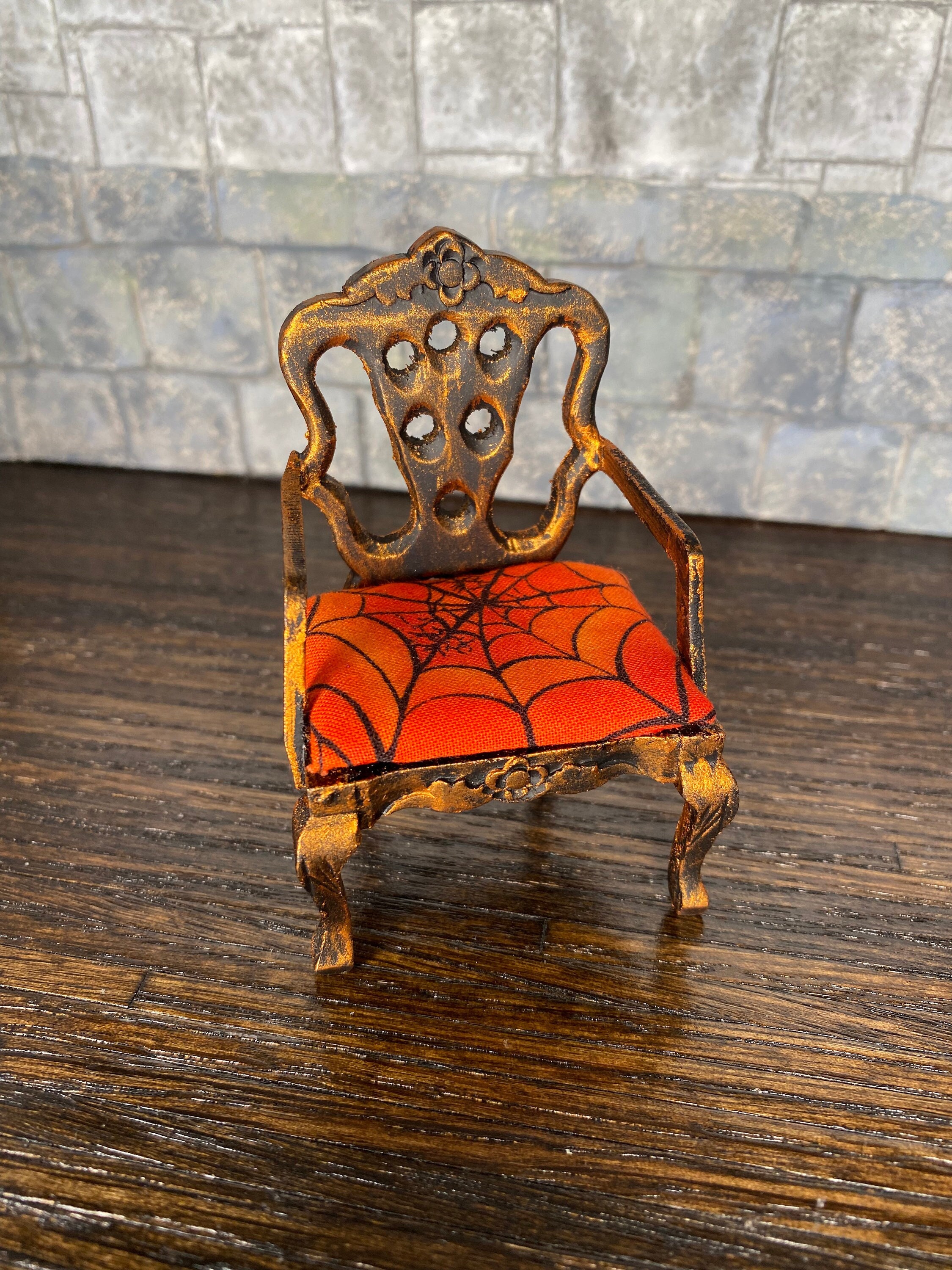 Gothic Carved Back Armchair In Gray w Black Bats Dollhouse Miniatures Gothic Carved Back Armchair In Gray w Black Bats Dollhouse Miniatures
