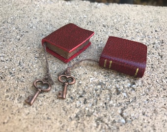 Red Leather Book with Copper Colored Key - Dollhouse Miniatures