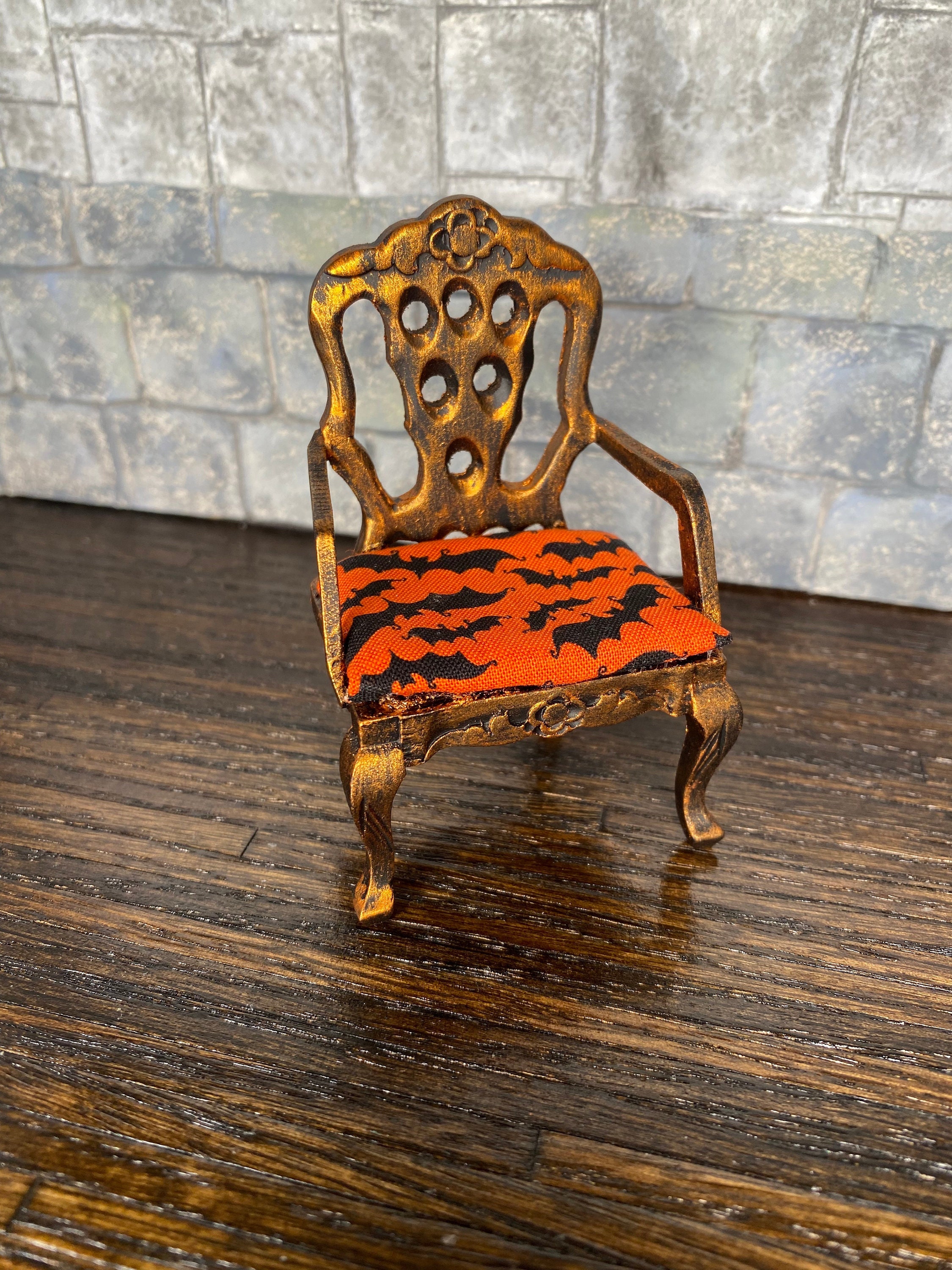Gothic Carved Back Armchair In Gray w Black Bats Dollhouse Miniatures Gothic Carved Back Armchair In Gray w Black Bats Dollhouse Miniatures