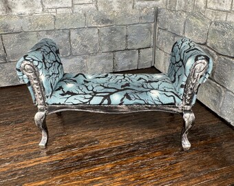 Gothic Bench with Black Bats and Tree Branches on Blues - Dollhouse Miniatures