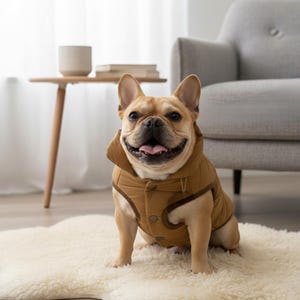 Op de afbeelding: Een beige Franse Bulldog draagt een bruin gewatteerd vest met een hoge kraag en drukknopen. Het vest is voorzien van donkerbruine biezen rond de armsgaten en de opening aan de voorzijde, wat zorgt voor een nauwsluitende pasvorm voor de hond.