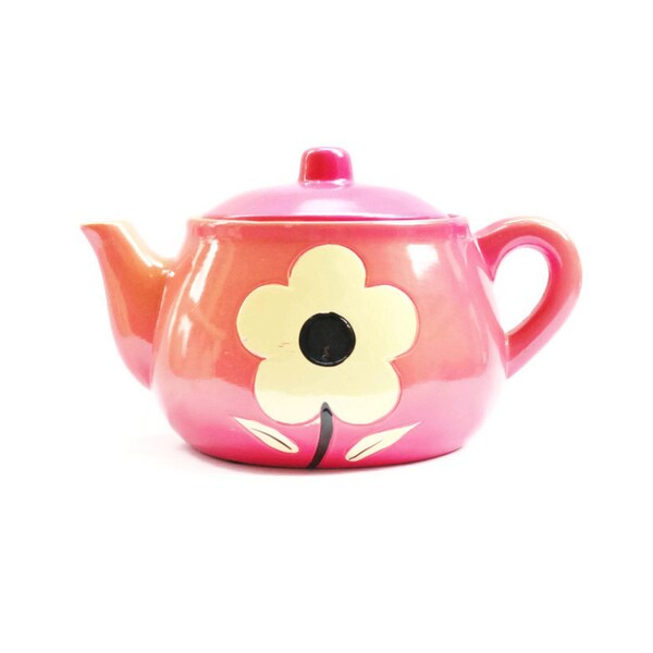 RESERVED FOR TRACEY - Coral Pink Ombre Teapot Mod Funky Flower Ceramic 70s