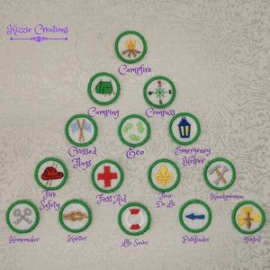 May include: A collection of 12 green and white embroidered badges with various designs, including a campfire, compass, tent, crossed flags, first aid cross, fleur-de-lis, lantern, hammer and wrench, and a knot. The badges are arranged in a triangular shape on a white background with a purple text overlay.