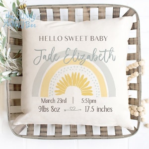 Personalized birth announcement pillow / Hello Sweet Baby / Rainbow Decor