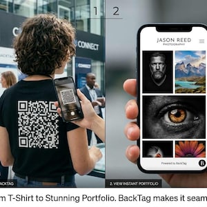 May include: A black t-shirt featuring a large white QR code printed on the back. A smartphone is shown scanning the code, which displays a photography portfolio website for Jason Reed Photography, featuring images of a face, mountains, and an eye.