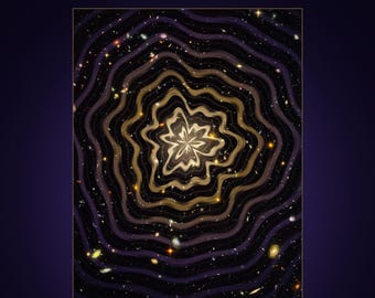 May include: A digital art print titled Kaitkyns Kreations Concentric Us featuring a central glowing white star-like shape surrounded by concentric wavy golden rings against a dark purple space background filled with distant colourful galaxies and stars.