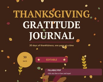 Diario della gratitudine per il Giorno del Ringraziamento modificabile in formato PDF compilabile / 30 spunti giornalieri / Formato Letter A4 A5