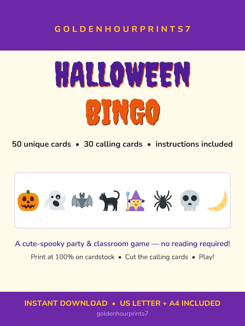 Puede incluir: Juego de Bingo de Halloween de GOLDENHOURPRINTS7 con 50 tarjetas &uacute;nicas, 30 tarjetas de llamada e instrucciones. Incluye iconos de calabaza, fantasma, murci&eacute;lago, gato, bruja, ara&ntilde;a, calavera y luna. Texto: A cute-spooky party & classroom game.