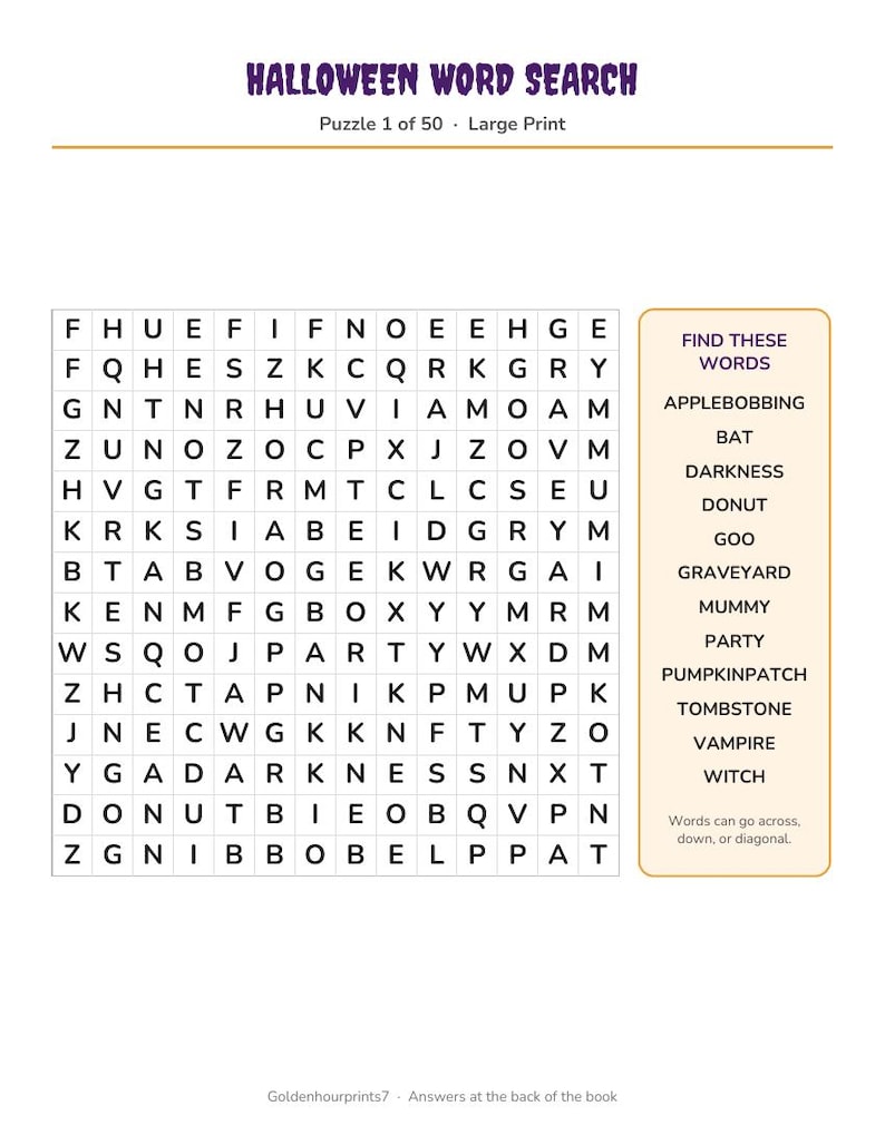 Puede incluir: Una p&aacute;gina de sopa de letras de Halloween titulada Halloween Word Search, Puzzle 1 of 50, Large Print. Presenta una cuadr&iacute;cula de letras y una lista de palabras para encontrar, incluyendo Applebobbing, Bat, Darkness, Donut, Goo, Graveyard, Mummy, Party, Pumpkinpatch, Tombstone, Vampire y Witch.