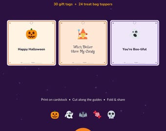 54 etichette regalo di Halloween stampabili / 30 etichette + 24 decorazioni per sacchetti di dolcetti / Zero duplicati / Guide al taglio