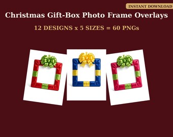 Cornice portafoto a tema scatola regalo di Natale / 12 design x 5 dimensioni / 60 cornici trasparenti in formato PNG
