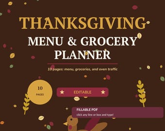 Pianificatore di menu del Ringraziamento modificabile in formato PDF compilabile / Lista della spesa e cronologia di preparazione / Formato lettera A4