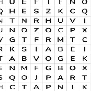 Puede incluir: Una cuadr&iacute;cula de sopa de letras con letras may&uacute;sculas negras dispuestas en un dise&ntilde;o cuadrado sobre un fondo blanco. La cuadr&iacute;cula contiene varias letras, incluyendo F, H, U, E, F, I, F, N, O, E, E, Q, S, Z, K, C, R, G, N, T, R, H, V, I, A, M, B, P, X, J, G, W, Y.