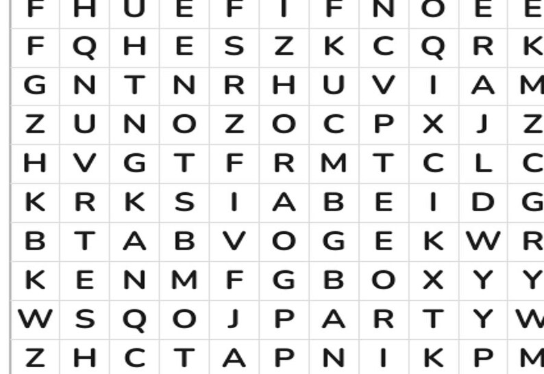 Puede incluir: Una cuadr&iacute;cula de sopa de letras con letras may&uacute;sculas negras dispuestas en un dise&ntilde;o cuadrado sobre un fondo blanco. La cuadr&iacute;cula contiene varias letras, incluyendo F, H, U, E, F, I, F, N, O, E, E, Q, S, Z, K, C, R, G, N, T, R, H, V, I, A, M, B, P, X, J, G, W, Y.