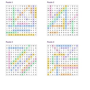 Puede incluir: Un documento titulado ANSWER KEY con el texto Every hidden word is highlighted, que presenta cuatro sopas de letras cuadradas etiquetadas como Puzzle 1, Puzzle 2, Puzzle 3 y Puzzle 4, cada una con una cuadr&iacute;cula de letras con palabras resaltadas en color.