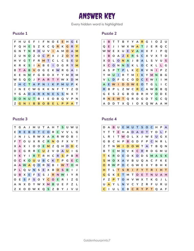 Puede incluir: Un documento titulado ANSWER KEY con el texto Every hidden word is highlighted, que presenta cuatro sopas de letras cuadradas etiquetadas como Puzzle 1, Puzzle 2, Puzzle 3 y Puzzle 4, cada una con una cuadr&iacute;cula de letras con palabras resaltadas en color.