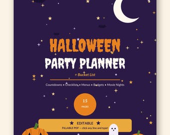 Pianificatore di feste di Halloween modificabile e compilabile in PDF / Lista di controllo per la pianificazione di feste di Halloween, budget, menu, lista degli invitati / Formato US Letter A4 A5