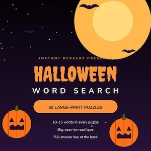 Puede incluir: Portada de libro de sopa de letras de Halloween con una gran luna amarilla, dos calabazas naranjas y murci&eacute;lagos sobre un fondo morado oscuro. Texto: Instant Revelry Presents Halloween Word Search, 50 Large-Print Puzzles, 10-15 words in every puzzle, Big, easy-to-read type, Full answer key at the back, Instant Download, US Letter + A4 included.