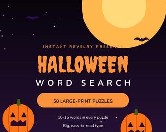 Cruciverba di Halloween a caratteri grandi / 50 puzzle con soluzioni / Giochi di ricerca di parole stampabili per adulti e anziani / Download immediato