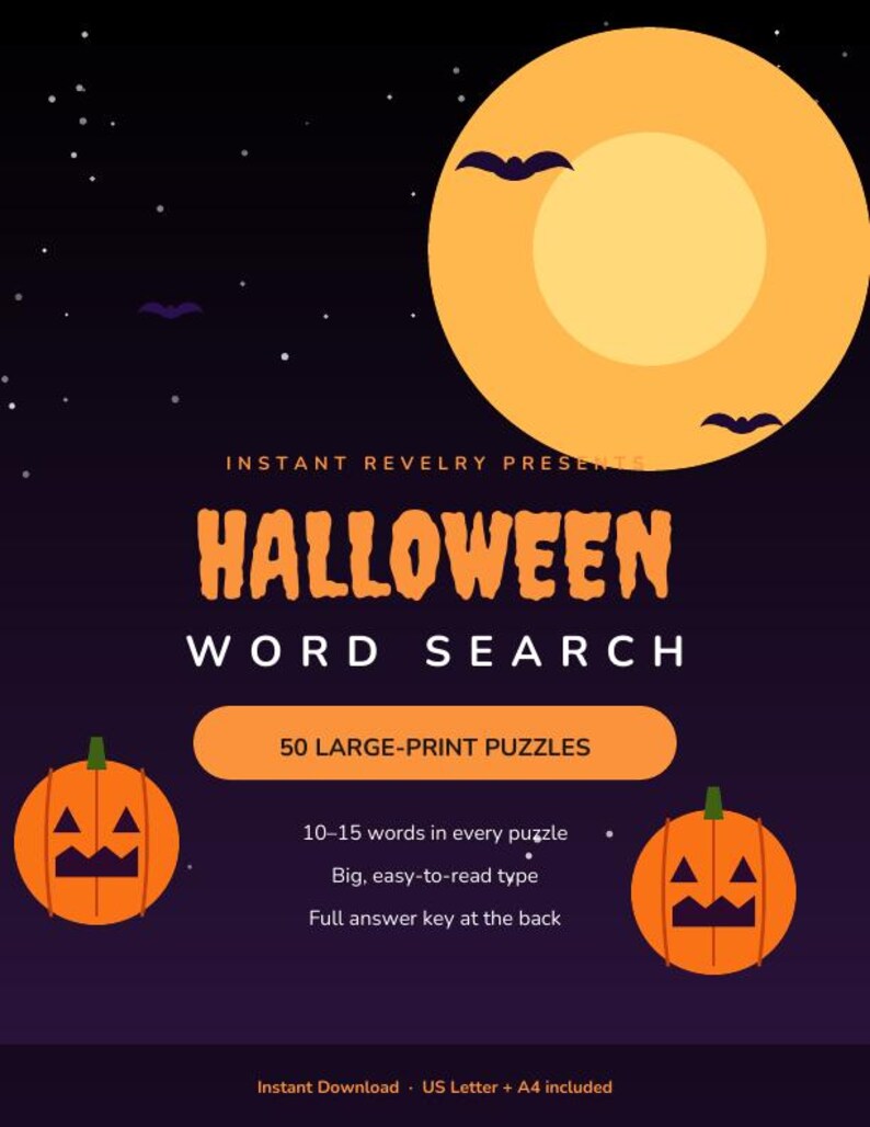 Puede incluir: Portada de libro de sopa de letras de Halloween con una gran luna amarilla, dos calabazas naranjas y murci&eacute;lagos sobre un fondo morado oscuro. Texto: Instant Revelry Presents Halloween Word Search, 50 Large-Print Puzzles, 10-15 words in every puzzle, Big, easy-to-read type, Full answer key at the back, Instant Download, US Letter + A4 included.