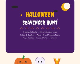 Caccia al tesoro di Halloween: 44 indizi / 4 livelli di difficoltà (dai bambini agli adolescenti) / Schede indizi vuote / Guida per l'organizzatore