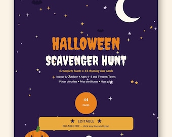 Caccia al tesoro di Halloween modificabile in formato PDF compilabile / 44 carte indizio in rima, cacce al tesoro al chiuso e all'aperto per bambini e ragazzi / Formato A4