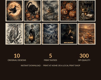 May include: A collection of 10 Vintage Halloween wall art prints featuring dark, atmospheric scenes including a witch on a broom, a black cat, a haunted house, carved pumpkins, an owl, a skeleton, a graveyard, and a pumpkin carriage.