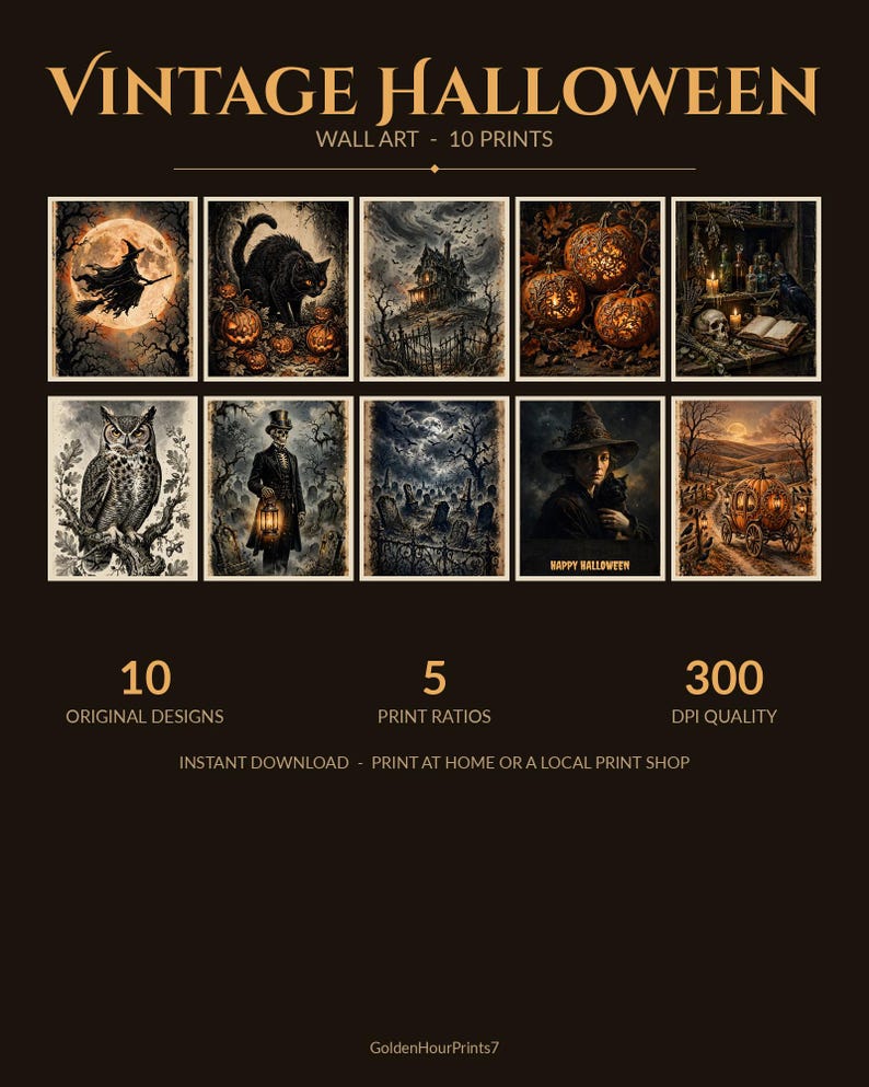 May include: A collection of 10 Vintage Halloween wall art prints featuring dark, atmospheric scenes including a witch on a broom, a black cat, a haunted house, carved pumpkins, an owl, a skeleton, a graveyard, and a pumpkin carriage.