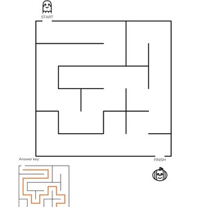 May include: A black and white printable activity sheet titled Haunted Maze 1. It features a square maze with a ghost icon at the start and a pumpkin icon at the finish. Below the main maze is a smaller answer key with an orange path line.