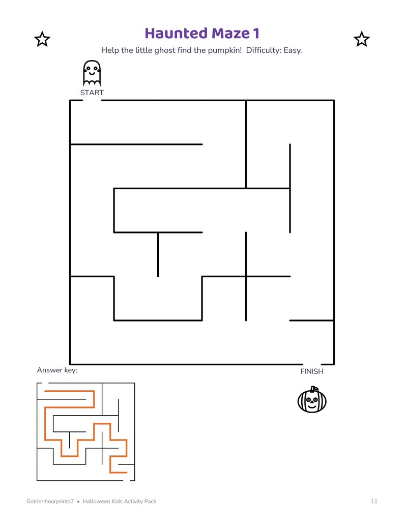 May include: A black and white printable activity sheet titled Haunted Maze 1. It features a square maze with a ghost icon at the start and a pumpkin icon at the finish. Below the main maze is a smaller answer key with an orange path line.
