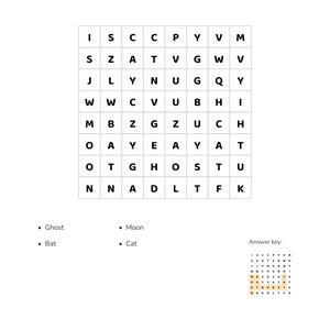May include: A printable Halloween word search activity sheet titled Word Search 1. It features an 8x8 grid of black letters, a list of words including Ghost, Bat, Moon, and Cat, and a small answer key grid at the bottom right corner.