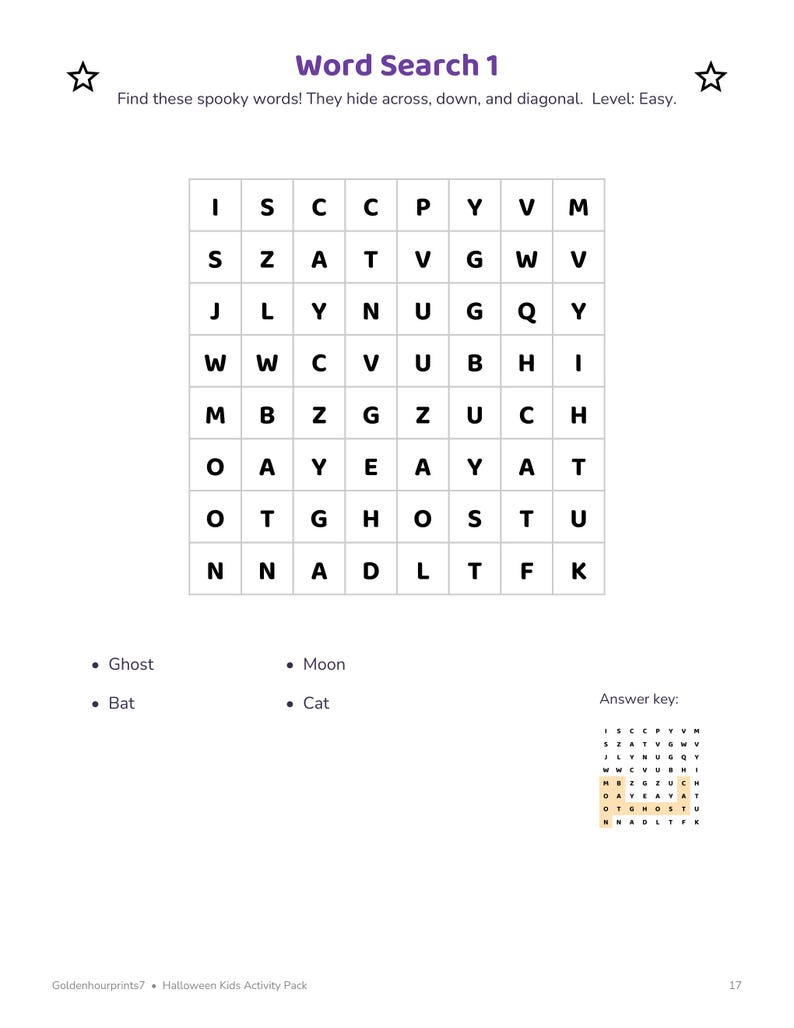 May include: A printable Halloween word search activity sheet titled Word Search 1. It features an 8x8 grid of black letters, a list of words including Ghost, Bat, Moon, and Cat, and a small answer key grid at the bottom right corner.