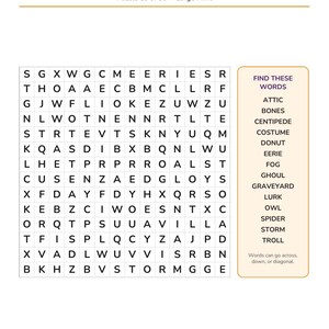Puede incluir: Una p&aacute;gina de sopa de letras de Halloween titulada Halloween Word Search, Puzzle 25 of 50, Large Print. Presenta una cuadr&iacute;cula de letras y una lista de palabras para encontrar, incluyendo Attic, Bones, Centipede, Costume, Donut, Eerie, Fog, Ghoul, Graveyard, Lurk, Owl, Spider, Storm y Troll.