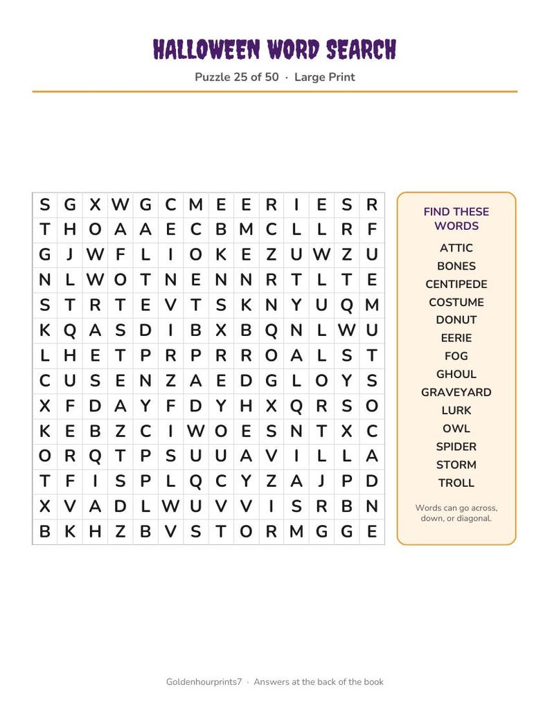 Puede incluir: Una p&aacute;gina de sopa de letras de Halloween titulada Halloween Word Search, Puzzle 25 of 50, Large Print. Presenta una cuadr&iacute;cula de letras y una lista de palabras para encontrar, incluyendo Attic, Bones, Centipede, Costume, Donut, Eerie, Fog, Ghoul, Graveyard, Lurk, Owl, Spider, Storm y Troll.