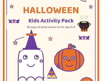 May include: A Halloween Kids Activity Pack cover featuring a white ghost in a purple witch hat, an orange pumpkin, a black cauldron, and stars. The text reads: HALLOWEEN Kids Activity Pack, 46 pages of spook-tacular fun for ages 4-8, Coloring, mazes, word searches, I Spy, More!, Answer keys included, Instant download, Print at home, InstantRevelry.
