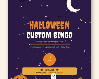 Bingo di Halloween modificabile in PDF compilabile / Cartelle del bingo personalizzate su cui è possibile digitare, 10 cartelle e foglio di estrazione / Formato US Letter A4 A5