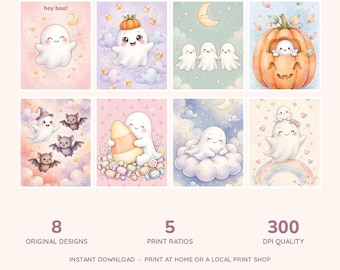 8 stampe artistiche da parete con fantasmini carini per Halloween / Decorazioni spettrali pastello per la cameretta / 8 formati fino a 24x36 pollici / 300 DPI