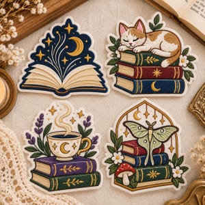 Fantasy Bookish Embroidered Patch, Magical Reading Iron On Patch, Cozy Cat Moon Moth Book Lover for Jacket