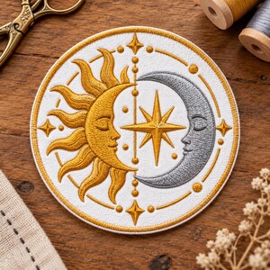 Sun and Moon Embroidered Patch, Celestial Iron On, Gold Sun with Stars Applique