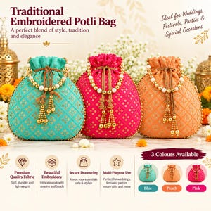 KRUM Silk Potli Bag Women | Traditional Drawstring Shagun Potli | Elegant Sequins Work Ethnic Pouch | 3 Colors | Wedding & Festive Gifting
