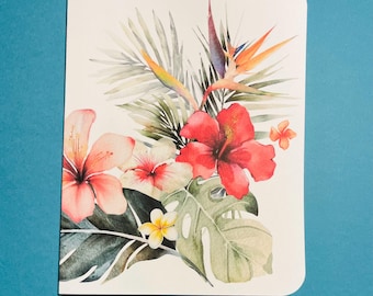 Hawaiian Floral Notecards: Tropical Hibiscus, Monstera - Set of 6
