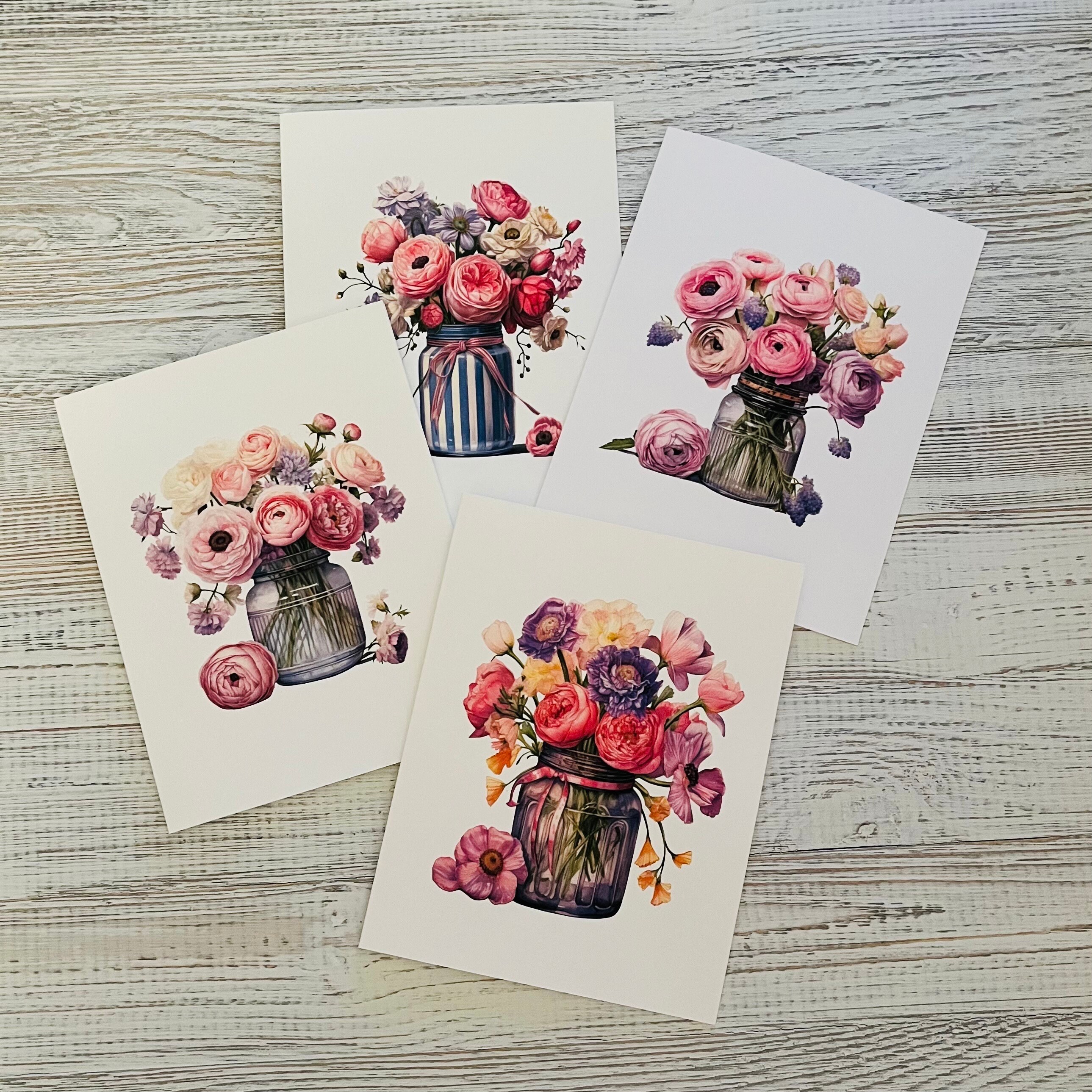 Watercolor Floral Mason Jar Note Cards, Set of 4 - Etsy