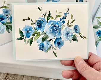 Blue Floral Watercolor Card Set: Handmade Blank Note Cards