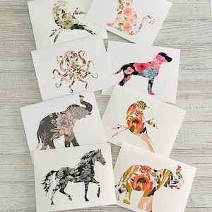 Animal silhouette floral note cards/Animal note cards/Horse/elephant/Dog/octopus/Cat/Bird/woodland animals/Blank cards/ variety animal note
