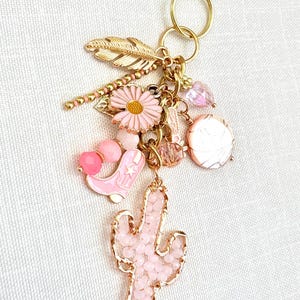 Pink cactus pink cactus beaded keychain/ Bag clip accessory,Pink cactus charm keychain, Texas, pink keychain, Pink charm keychain pink beads