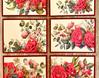 Red Rose Watercolor Card Set: Floral Stationery, Blank Inside