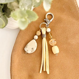 White turquoise keychain/key chain/Beaded keychain/Boho keychain/Tassel keychain/Bag clip/Handbag accessory’s