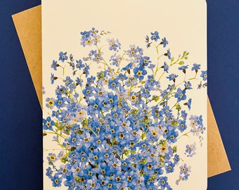 Tarjetas con notas de ramo de nudos de olvido: tarjetas de felicitación con flores silvestres botánicas