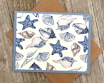 Nautical Note Cards: Starfish & Seashells, Sky Blue (4 Pack)
