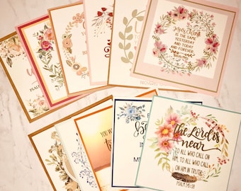 May include: A set of 10 printable cards with floral designs and inspirational quotes. The cards feature a variety of floral patterns, including pink, white, and blue flowers. The quotes include verses from the Bible, such as "Jesus Christ is the same yesterday, and today, and forever." and "The Lord is near to all who call on him."